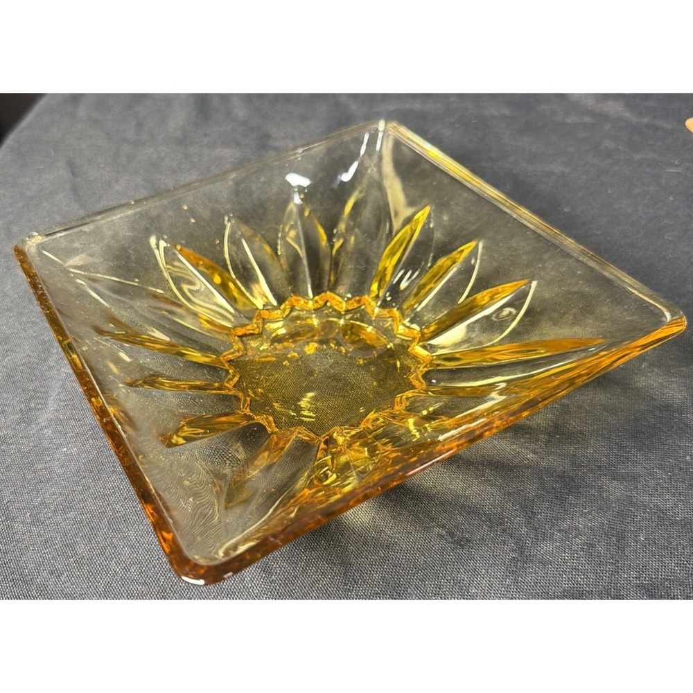 Vintage Amber Glass Square Candy Dish Bowl Sunburst Pattern Base